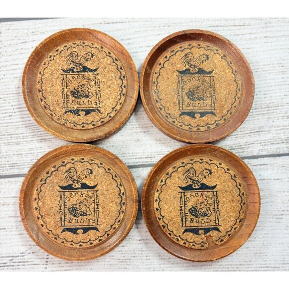 Vintage Set of 4 Round Cork Wood Drink Cocktail Coasters 3" - Picture 1 of 3